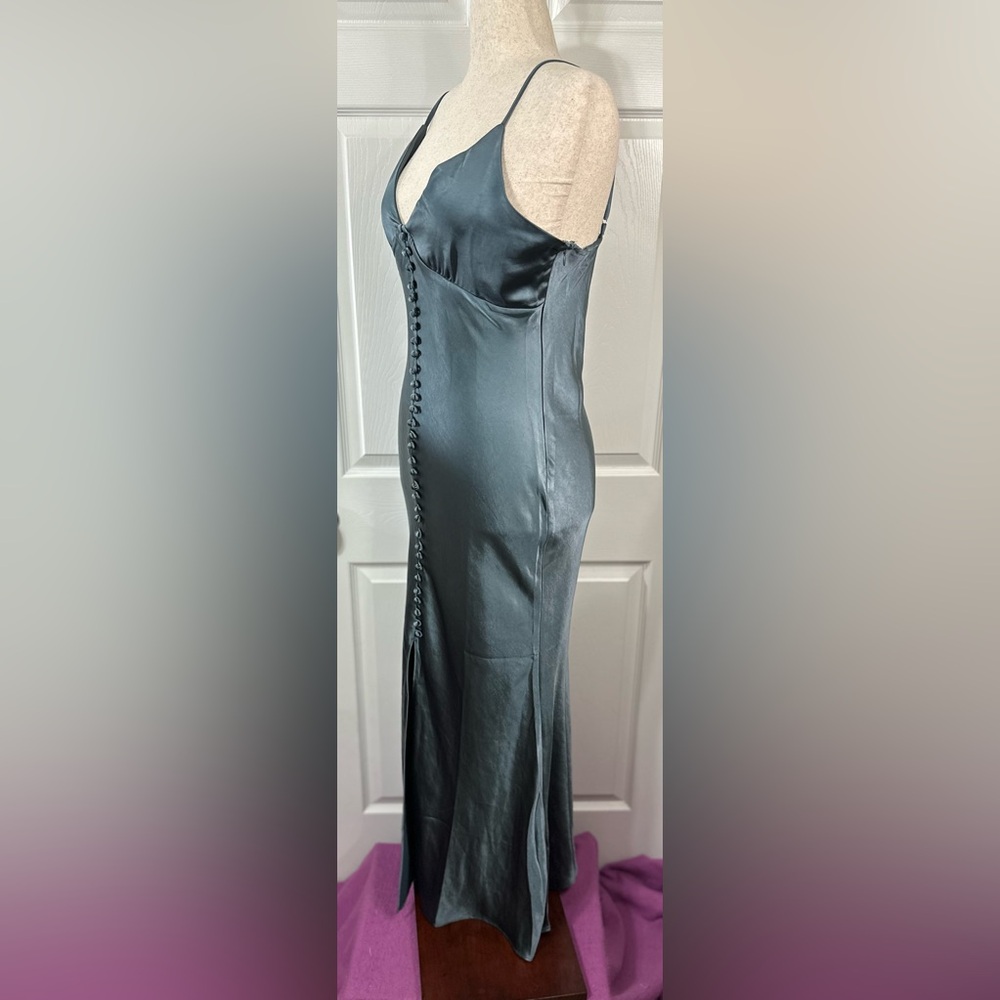 Dress Forum Gray Blue Satin Maxi Dress Silk spaghetti straps zip up faux button - Picture 10 of 16